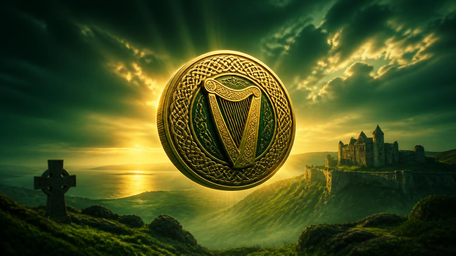 A gold Celtic coin embossed with an Irish harp above an emerald coastal landscape
